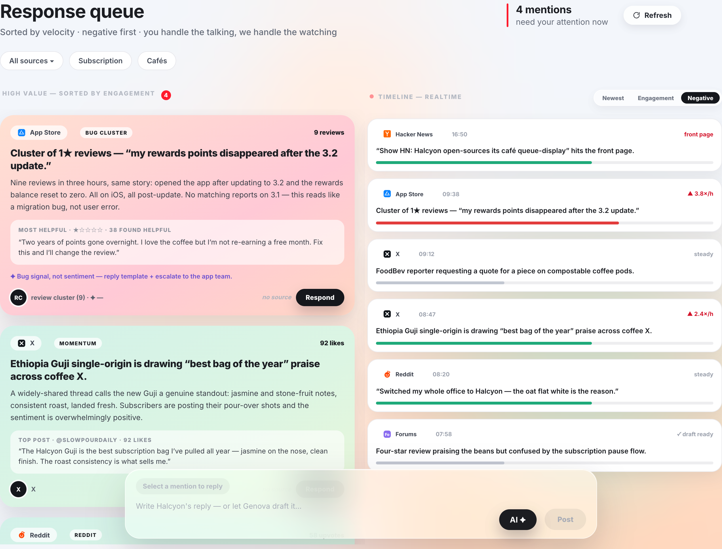 Response Queue — triaged mention queue for Halcyon Coffee